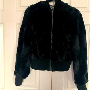 Faux Fur almost cropped cute coat hooded